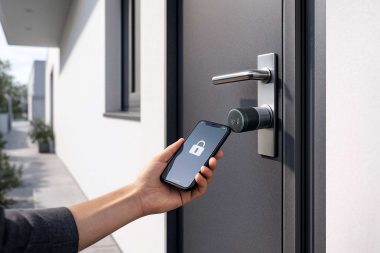 Elektronischer Türzylinder am Einfamilienhaus, geöffnet per Smartphone; smartes digitales Schließsystem für Häuser in München und Ammersee.