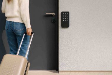 Digitale Zutrittskontrolle mit PIN-Code an Eingangstür einer Ferienwohnung; schlüsselloses System für Ferienunterkünfte in der Ammersee-Region und München.