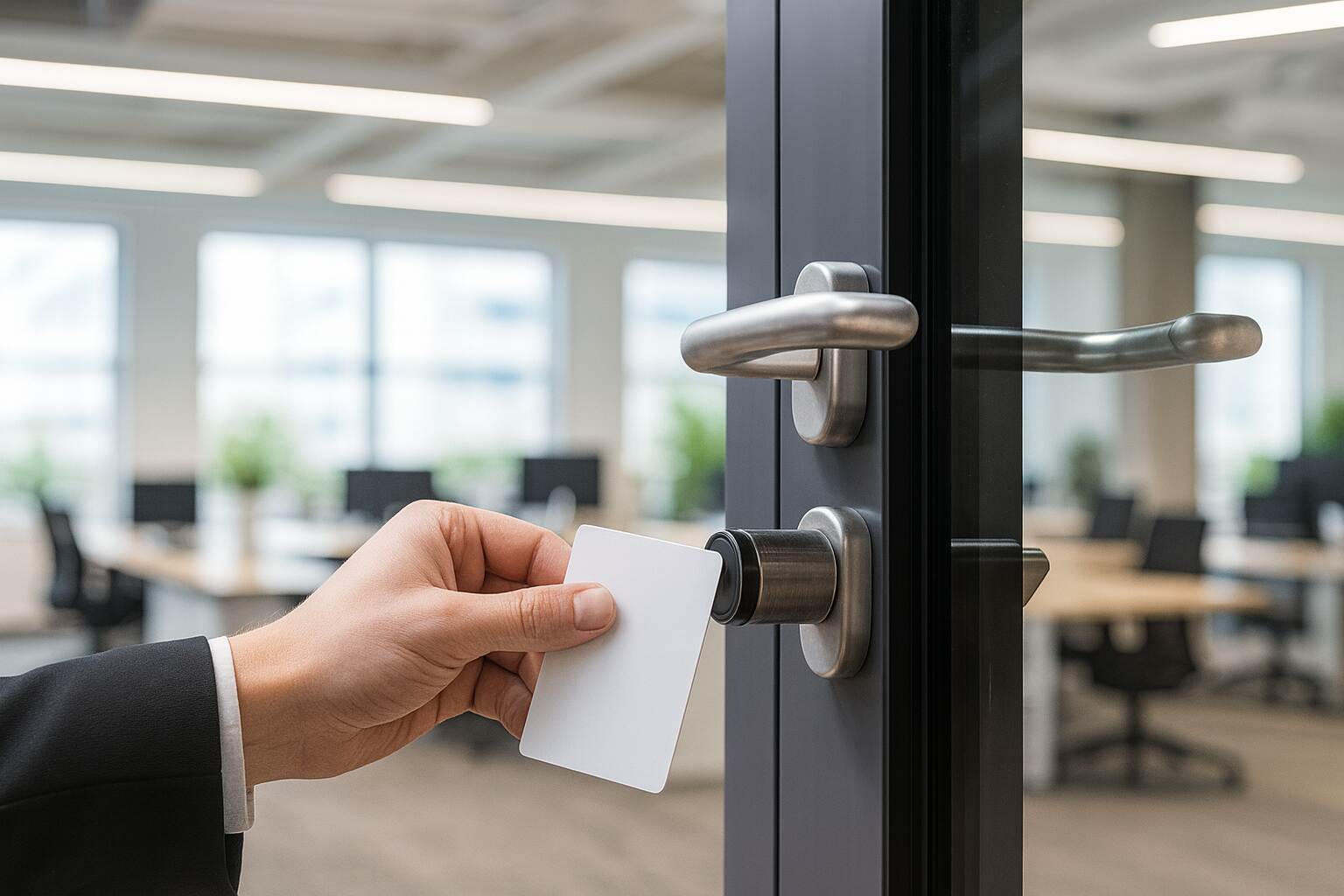 RFID-Zutrittskontrolle an elektronischem Türzylinder im Büro; sichere digitale Schließsysteme für Unternehmen in der Region München und Ammersee.