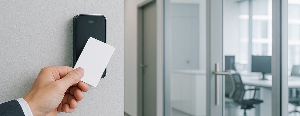 Zutrittskontrolle mit RFID-Karte am Wandleser eines digitalen Systems; professionelle Zugangslösungen für Firmen in München und der Ammersee Region.