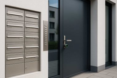 Elektronischer Türzylinder am Hauseingang eines Mehrfamilienhauses; sichere Zutrittskontrolle für Wohnanlagen in München und Ammersee.