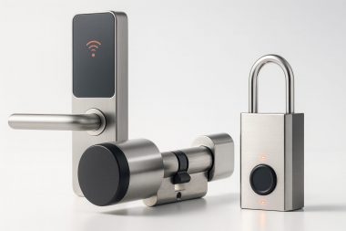 Digitale Schließsystem-Komponenten inklusive elektronischer Zylinder, elektronischer Türbeschlag und Vorhangschloss; professionelle Zutrittslösungen für München und Ammersee.