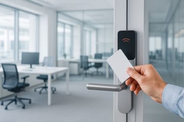 Zutrittskontrolle im Büro mit RFID-Karte und elektronischem Beschlag; sichere digitale Schließsysteme für Unternehmen in München und Ammersee.