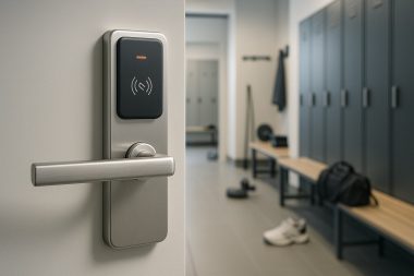 Elektronischer Türbeschlag in Vereins- oder Sportumkleide; sichere digitale Zutrittslösung für Sportvereine in der Ammersee-Region und München.