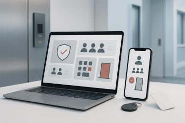 Verwaltungssoftware für digitale Zutrittskontrolle auf Laptop und Smartphone; zentrale Nutzerverwaltung für Zutrittskontrolle in München und Ammersee.