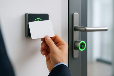 RFID-Karte am Wandleser eines digitalen Schließsystems; sichere Zutrittskontrolle für Gewerbe und Wohnobjekte in München und Ammersee.