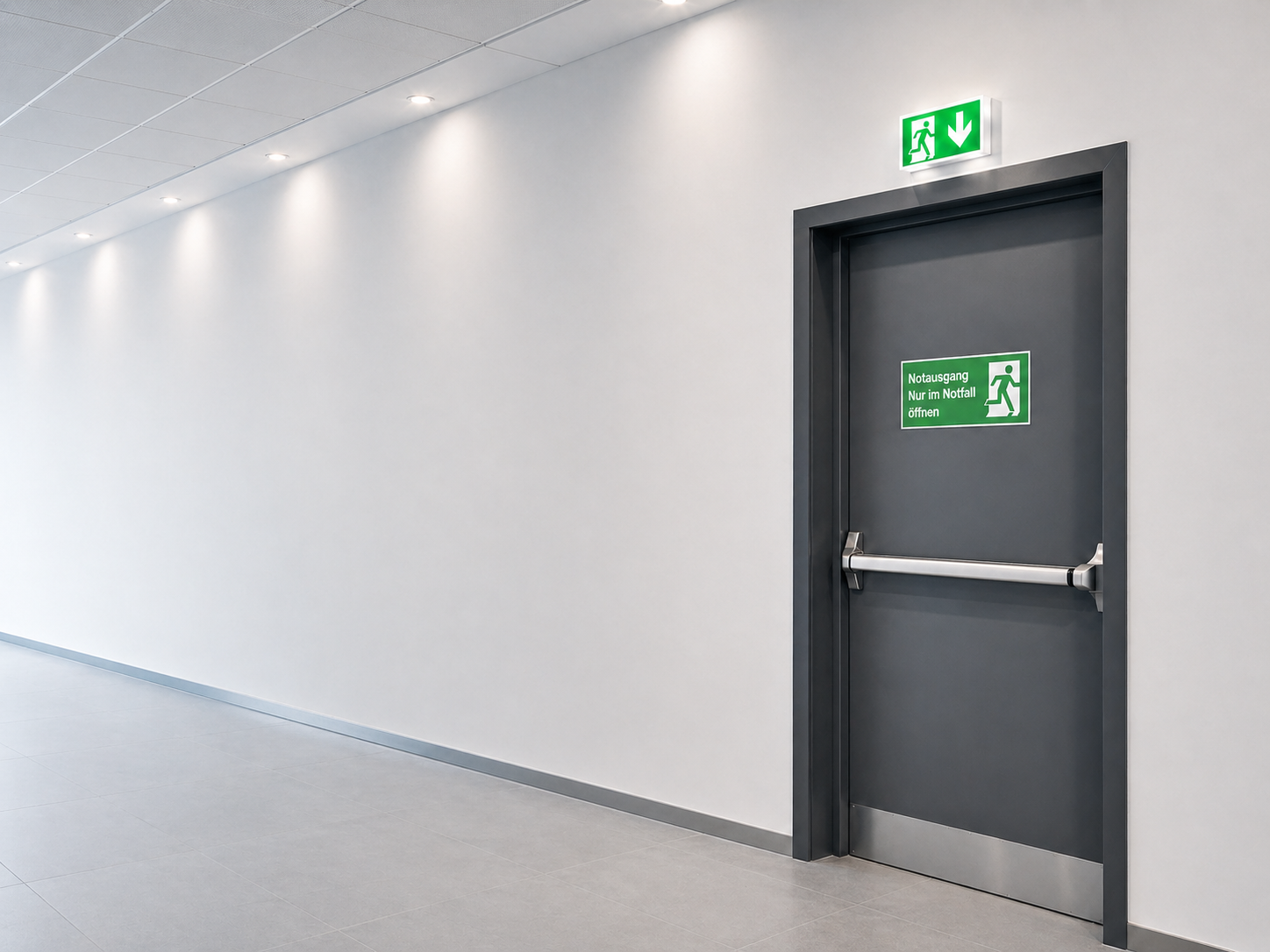 Professionelle Darstellung einer modernen Fluchttür mit Panikstange und deutlich sichtbarer Notausgangskennzeichnung in einem gewerblichen Gebäude. Der freie Fluchtweg und der gepflegte Zustand der Tür verdeutlichen die Bedeutung sicherer Flucht- und Rettungswege im Zusammenhang der jährlichen Prüfung von Fluchttüren mit ArbStättV, ASR A2.3, DIN EN 179 und DIN EN 1125.